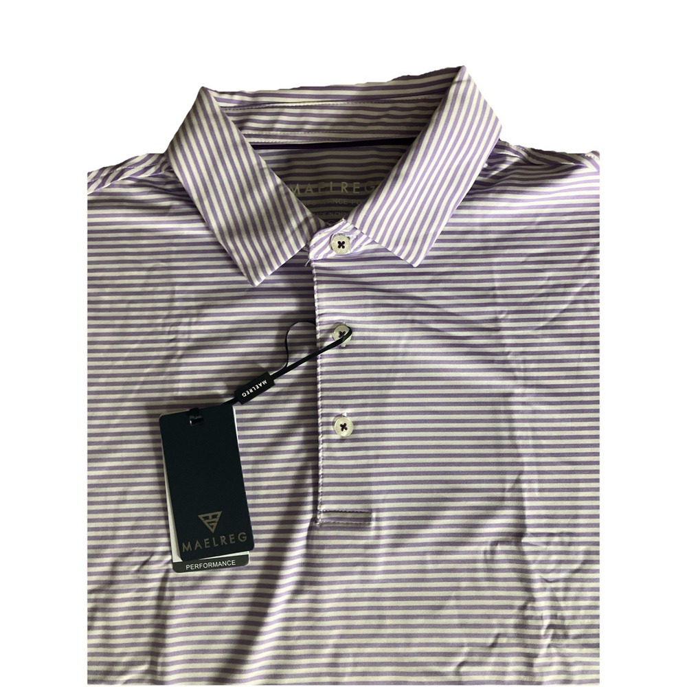 New Maelreg Men's Performance Polo Shirt Golf M Purple White Striped Stretch NWT
